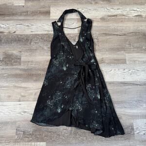 Y2K Haute Hippie Silk Halter Wrap Dress Gothic Floral Dark Romantic Size 8